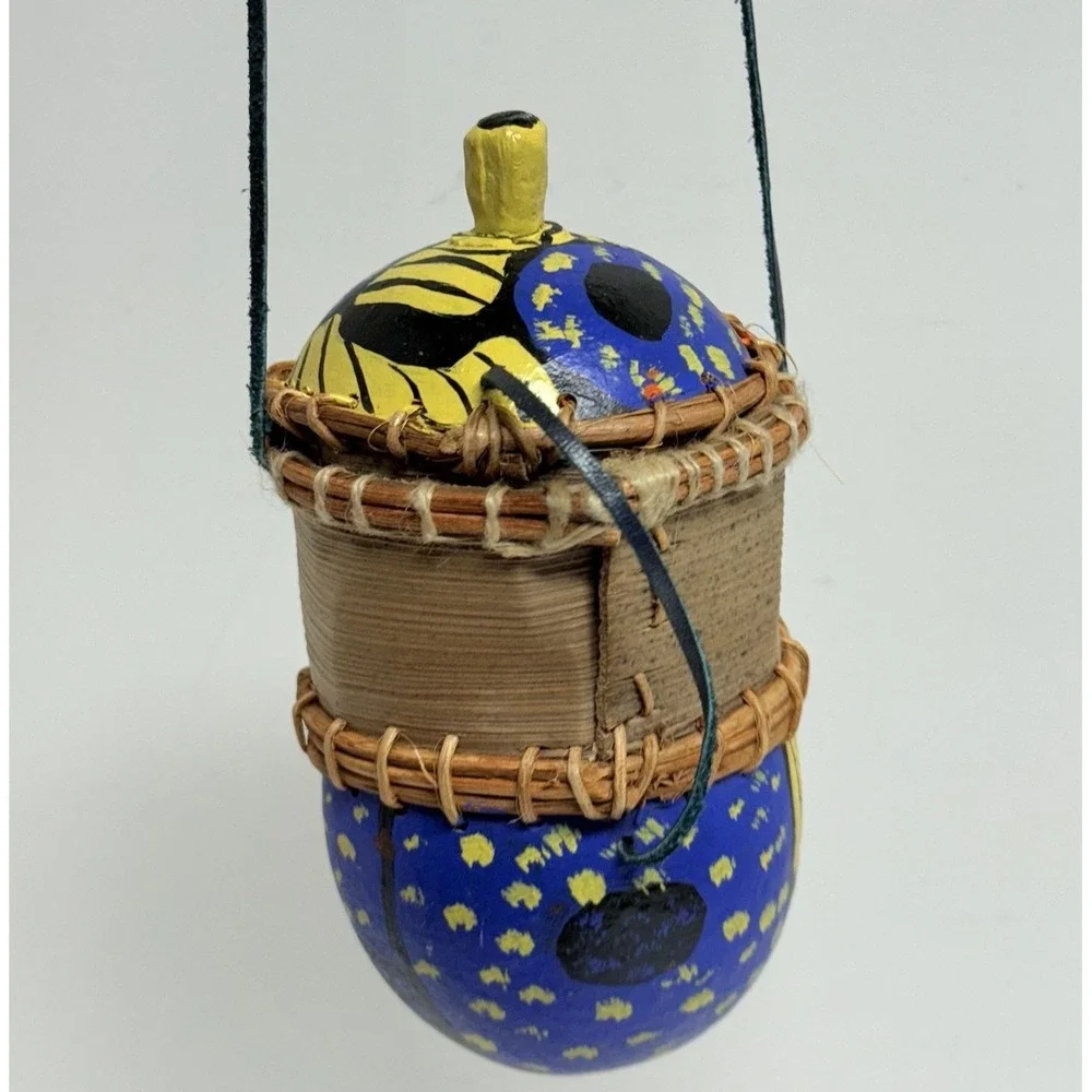 Hand‎ Painted Folk Art Gourd Basket Container Signed CS Southwestern